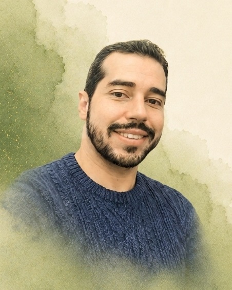 Retrato de Cristiano Gonçalves em composição de aquarela